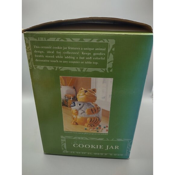 10" Orange Tabby Smiling Cat Holding Fish Ceramic Cookie Jar & Box, CKAO China - Picture 6 of 17